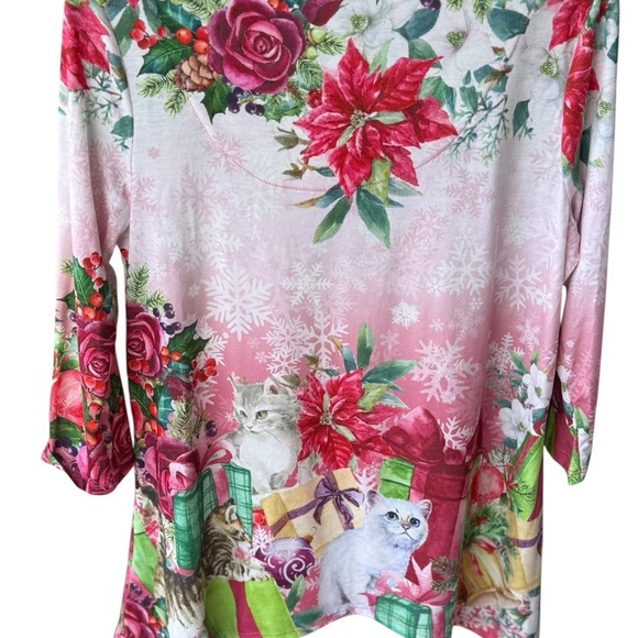 OneWorld Women's Floral Christmas/Cat Print V-Neck 3/4 Sleeve Top M - Picture 4 of 5